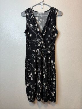 Kaileigh Black Floral Faux Wrap Sleeveless Dress Size Large Office Workwear